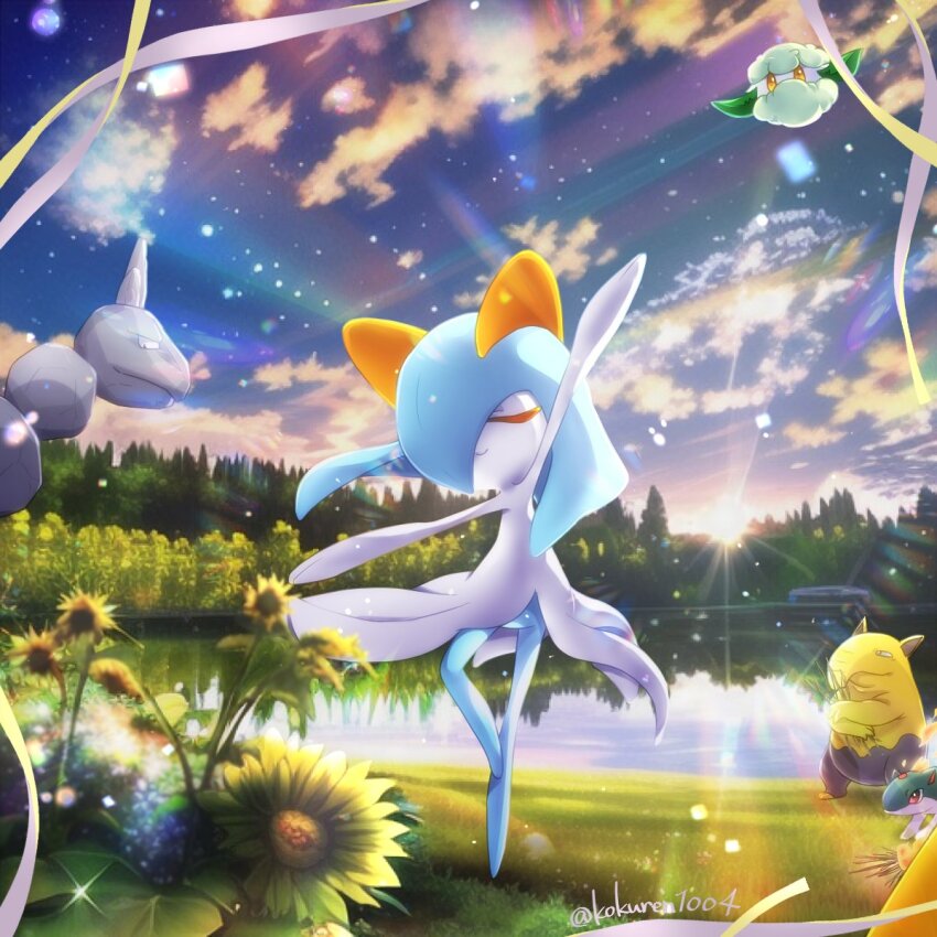 arm_up artist_name blue_hair blue_sky closed_eyes cloud cottonee dancing drowzee flower forest game_freak gen_1_pokemon gen_2_pokemon gen_3_pokemon gen_5_pokemon grass hair_over_one_eye highres horns kirlia kokuren lake nature nintendo no_feet on_grass onix pokemon pokemon_(creature) quilava sidelocks sky smile sun sunflower water