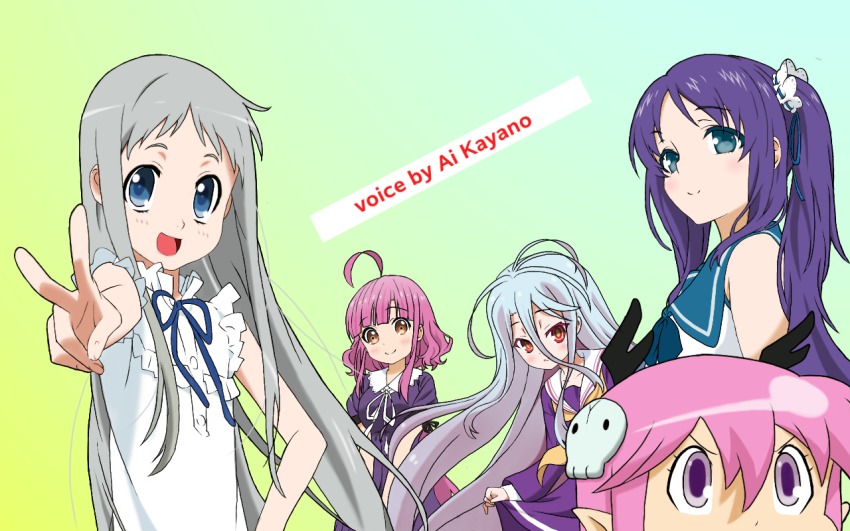 10s 5girls :d ahoge ano_hi_mita_hana_no_namae_wo_bokutachi_wa_mada_shiranai. blue_eyes blue_ribbon brown_eyes dress female_focus gakkou_gurashi! gradient_background green_background hiradaira_chisaki honma_meiko kayano_ai long_hair looking_at_viewer multiple_girls nagi_no_asukara nekonopapa no_game_no_life open_mouth outstretched_arm pink_hair puffy_short_sleeves puffy_sleeves purple_hair red_eyes ribbon ruki_(senyuu) sailor_dress sakura_megumi school_uniform sen&#039;yuu. serafuku shiro_(no_game_no_life) shirt short_hair short_sleeves sidelocks silver_hair sleeveless sleeveless_shirt smile standing twintails upper_body v very_long_hair voice_actor_connection white_shirt white_theme