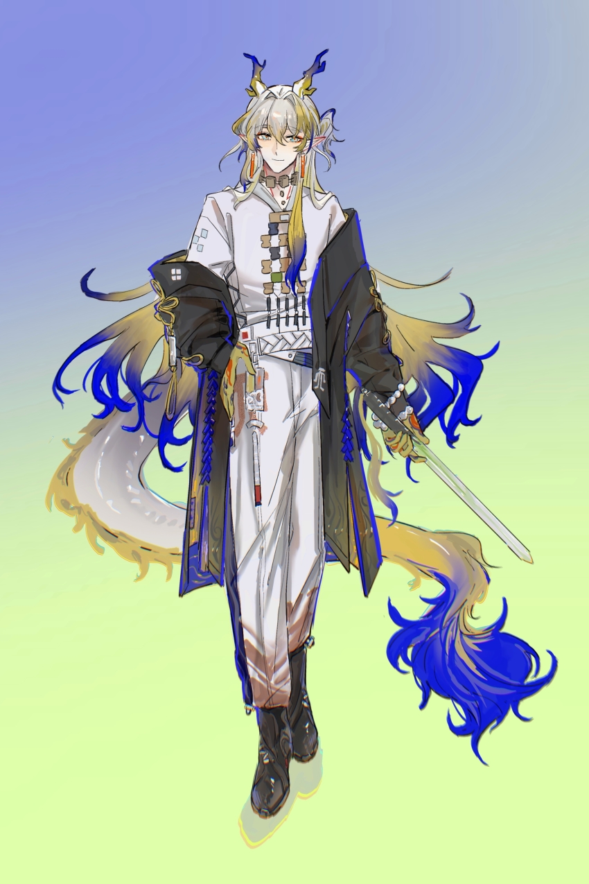 1girl aaa_shenmi_zuo_fan_ren absurdres adapted_costume ankle_boots arknights beads belt black_boots black_coat blonde_hair blue_background blue_eyes blue_hair boots chinese_commentary chromatic_aberration closed_mouth coat colored_extremities commentary_request dragon_girl dragon_horns dragon_tail earrings full_body gradient_background green_background grey_hair hair_between_eyes hand_on_own_hip highres holding holding_sword holding_weapon horns jewelry light_smile long_hair long_sleeves multicolored_hair necklace off_shoulder pants pointy_ears shirt shu_(arknights) solo standing sword tail very_long_hair weapon white_belt white_pants white_shirt