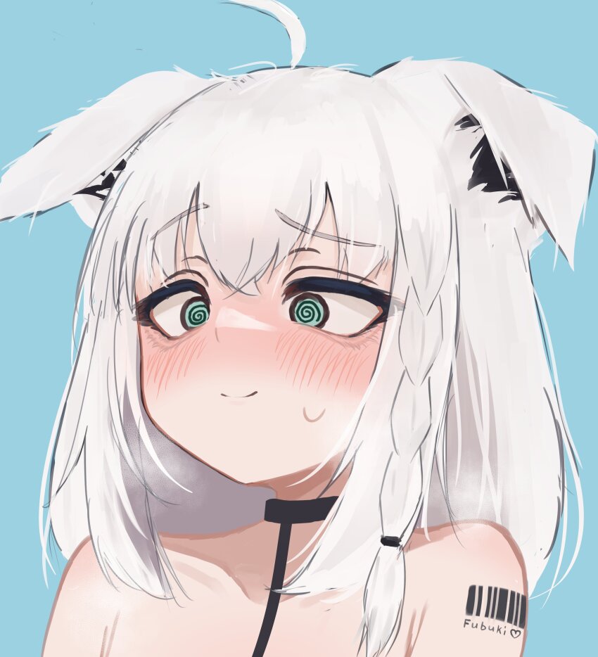 1girl @_@ absurdres ahoge animal_ear_fluff animal_ears barcode barcode_tattoo bdsm black_collar blue_background blue_eyes blush braid closed_mouth collar collarbone commentary ears_down english_commentary fox_ears highres hololive leash lucien_000298 medium_hair nude portrait shirakami_fubuki shoulder_tattoo side_braid simple_background single_braid slave smile solo tattoo upper_body virtual_youtuber white_hair