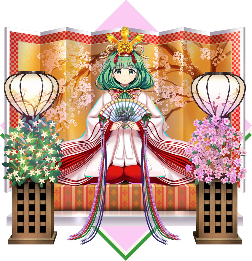 1girl alternate_costume bonbori_(lighting) cherry_blossom_print cherry_blossoms closed_mouth commentary floral_print flower front_ponytail full_body game_cg green_eyes green_hair hair_ornament hand_fan highres holding holding_fan kagiyama_hina kagiyama_hina_(white_hina_doll_of_catharsis) lamp long_sleeves looking_at_viewer medium_hair official_art orange_blossoms pink_flower rotte_(1109) seiza sitting smile solo third-party_source touhou touhou_lostword white_flower wide_sleeves