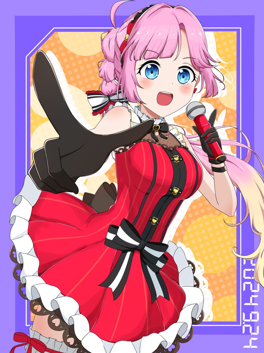 1girl absurdres ahoge anyoji_hime blonde_hair blue_eyes blunt_bangs border bow breasts collarbone commentary_request cowboy_shot dated dress drop_shadow fishnets foreshortening frilled_hairband frilled_thighhighs frills gradient_hair hair_bow hairband highres holding holding_microphone large_breasts link!_like!_love_live! long_hair love_live! microphone miracreation multi-tied_hair multicolored_hair official_alternate_costume orange_background outside_border pink_hair pinstripe_dress pinstripe_pattern pointing pointing_at_viewer ponytail purple_border red_dress seven-segment_display sidelocks solo swept_bangs tademaru._(hanayo_kawaee) thighhighs very_long_hair virtual_youtuber white_bow white_thighhighs