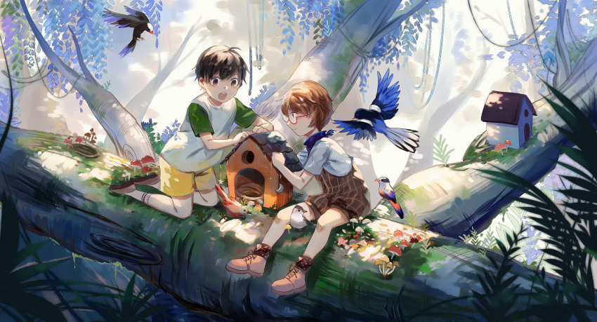 2boys :o absurdres ankle_boots bird bird_nest birdhouse black_eyes black_hair boots branch cross-laced_footwear dappled_sunlight fern flower glasses highres in_tree jamjar77 kneeling moss multiple_boys mushroom nature neckerchief original outdoors overalls plaid polka_dot polka_dot_legwear red-framed_eyewear red_hair round_teeth semi-rimless_eyewear shirt short_sleeves shorts sitting slice_of_life smile socks sunlight t-shirt teeth tree tube_socks under-rim_eyewear wisteria yellow_shorts