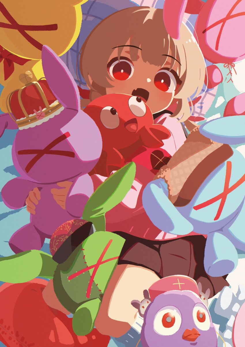 1girl armband black_skirt brown_hair brown_hat cardigan commentary_request crown fang hair_ornament hat highres lobster long_sleeves looking_at_viewer natori_sana natori_sana_(school_uniform) open_mouth pink_cardigan rabbit_hair_ornament red_armband red_eyes saana-kun sana_channel skin_fang skirt solo stuffed_animal stuffed_rabbit stuffed_toy takarai_shunsuke virtual_youtuber