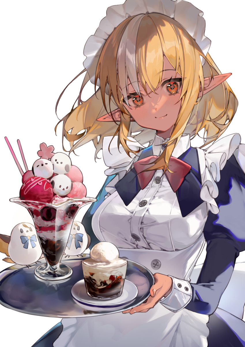 1girl absurdres alternate_costume amana_(pocketkey) apron back_bow blonde_hair blue_dress bow bowtie breasts buttons collared_dress commentary_request cup dark-skinned_female dark_elf dark_skin dress dress_shirt drinking_glass elf elfriend_(shiranui_flare) enmaided eyelashes fingernails food framed_breasts frilled_apron frills highres holding holding_tray hololive ice_cream ice_cream_float juliet_sleeves light_smile long_sleeves looking_at_viewer maid maid_apron maid_headdress medium_breasts medium_hair multicolored_hair orange_eyes parfait pointy_ears puffy_sleeves red_bow red_bowtie saucer shiranui_flare shirt sidelocks simple_background sleeve_cuffs solo streaked_hair tan tray upper_body virtual_youtuber white_apron white_background white_hair white_sleeve_cuffs