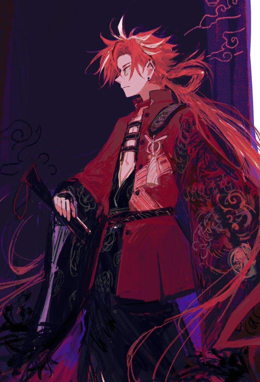 1boy earrings fate/grand_order fate_(series) hand_on_hilt hapenka highres japanese_clothes jewelry katana kimono long_hair long_sleeves male_focus multicolored_hair profile purple_background red_eyes red_hair solo streaked_hair sword takasugi_shinsaku_(fate) weapon white_hair