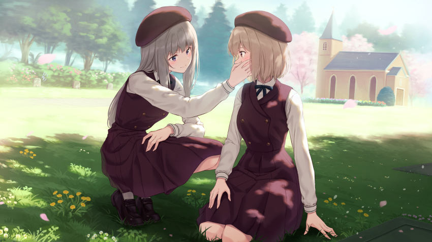2girls beret black_ribbon blush brown_hat buttons double-breasted eye_contact grey_hair hand_on_another&#039;s_cheek hand_on_another&#039;s_face hand_on_own_thigh hat highres kneeling long_hair long_sleeves looking_at_another medium_hair multiple_girls neck_ribbon nuenue original purple_eyes red_eyes ribbon sleeveless squatting undershirt uniform white_undershirt yuri