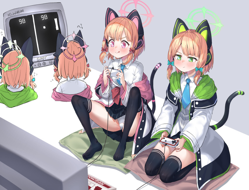 2girls :q animal_ear_headphones animal_ears black_skirt black_thighhighs blonde_hair blue_archive blue_necktie blush bow brand_name_imitation cat_ears cat_tail coat controller crt dorymin fake_animal_ears fake_tail famicom flying_sweatdrops game_console game_controller green_eyes grey_background hair_bow halo headphones highres knees_up midori_(blue_archive) momoi_(blue_archive) multiple_girls necktie no_shoes off_shoulder panties pantyshot pillow pink_eyes playing_games pong ribbon shirt short_hair siblings simple_background sisters sitting skirt smile spread_legs tail television thighhighs thighs tongue tongue_out twins underwear upskirt white_coat white_panties white_shirt