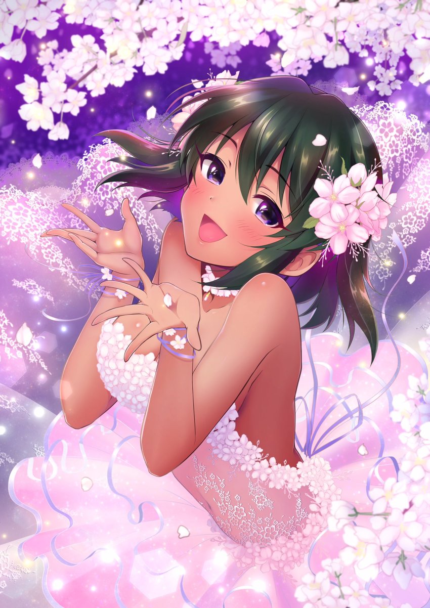 1girl blush brazil choker dark-skinned_female dark_skin dress female_focus flower green_hair hair_flower hair_ornament highres idolmaster idolmaster_cinderella_girls natalia_(idolmaster) navel open_mouth petals purple_eyes ribbon see-through_clothes short_hair solo strapless strapless_dress yuki_sizuku
