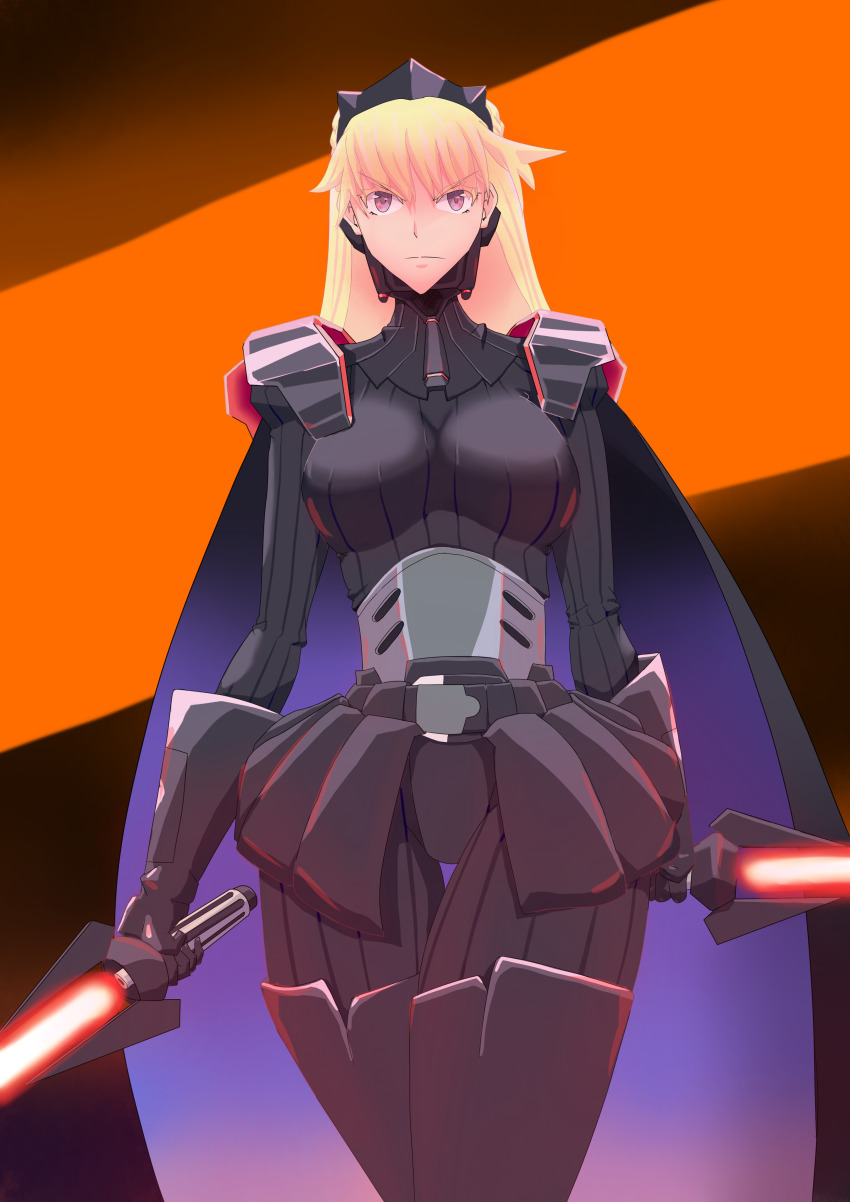 1girl absurdres black_background black_gloves blonde_hair boots cape diagonal_stripes dual_wielding energy_sword gloves highres holding holding_sword holding_weapon lightsaber long_hair pilot_suit purplet red_lightsaber skin_tight solo star_wars star_wars_manga striped sword thigh_boots thigh_gap thighhighs thighs tiara weapon