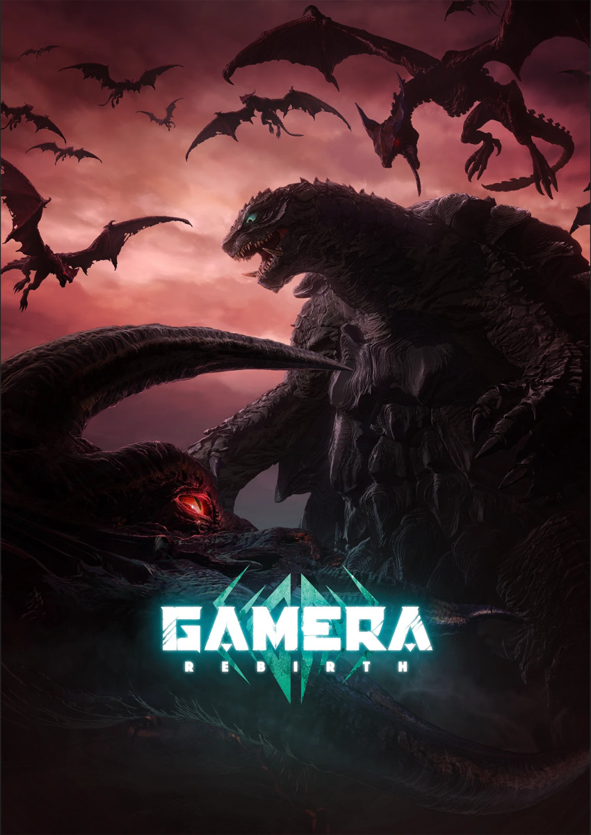 3d artist_request claw_mark claws cloud cloudy_sky copyright_name crest dusk emaciated engi_(animation_studio) english_text flying gamera gamera_(series) gamera_-rebirth- giant giant_monster glowing glowing_eyes green_eyes gyaos highres horns jiger kadokawa kaiju key_visual logo long_tail long_tongue monster movie_poster multiple_persona no_humans official_art open_mouth overcast promotional_art red_eyes sea_monster sharp_teeth shell show_poster single_horn sky slit_pupils symbol tail talons teaser_poster teeth title tongue tongue_out torn_wings turtle turtle_shell tusks wings