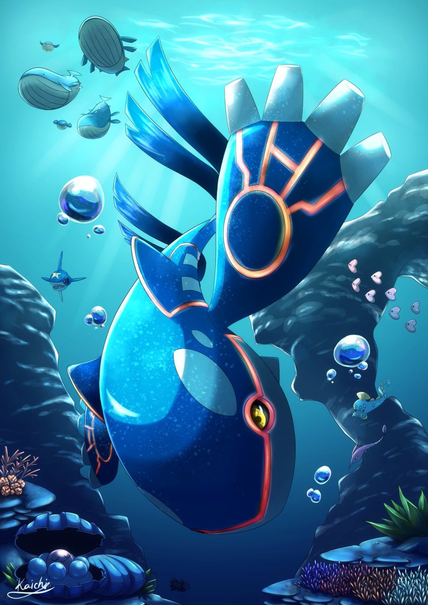 black_sclera bubble clamperl closed_mouth colored_sclera commentary_request gen_3_pokemon gorebyss highres huntail kaichi_(tomiyu25) kyogre legendary_pokemon luvdisc nintendo no_humans pokemon pokemon_(creature) sharpedo swimming underwater wailmer wailord yellow_eyes