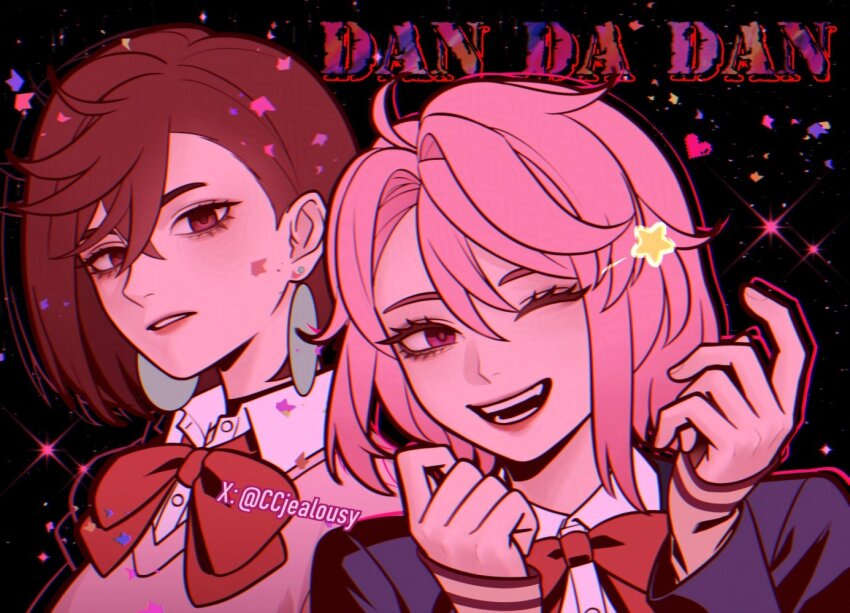2girls ayase_momo black_jacket bow bowtie brown_eyes brown_hair copyright_name czy_(2894456992) dandadan fang heart jacket looking_at_viewer multiple_girls one_eye_closed open_mouth parted_lips pink_hair pink_sweater_vest pixel_heart red_bow red_bowtie red_eyes shiratori_aira_(dandadan) shirt space sparkle star_(symbol) sweater_vest teeth twitter_username white_shirt