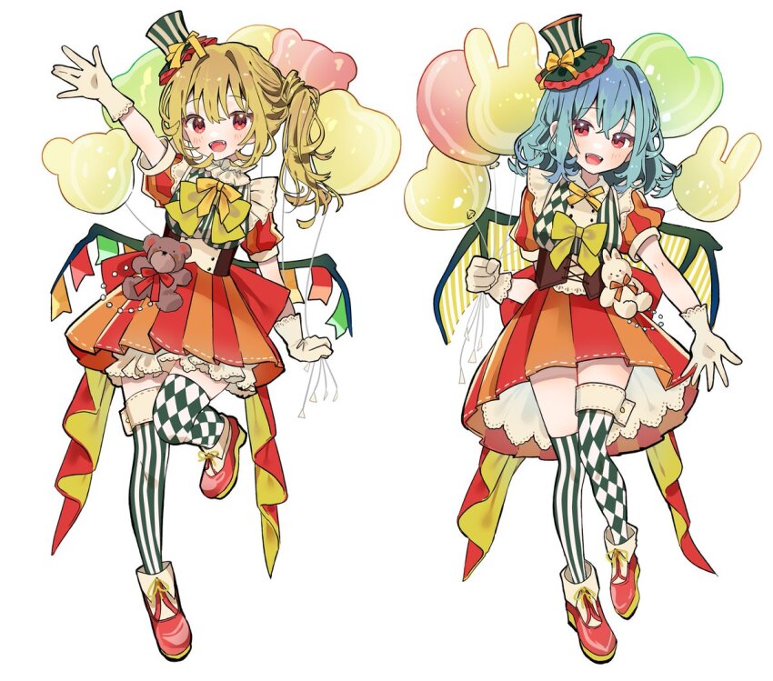 2girls :d alternate_costume argyle_clothes argyle_thighhighs arm_up asymmetrical_legwear balloon bat_wings blonde_hair blue_hair blush boots bow commentary_request dress fangs flandre_scarlet full_body gloves green_hat green_thighhighs hair_between_eyes hat holding holding_balloon long_hair looking_at_viewer mini_hat mini_top_hat mismatched_legwear multiple_girls neck_ribbon one_side_up open_mouth orange_dress pleated_dress pleated_skirt puffy_short_sleeves puffy_sleeves red_boots red_dress red_eyes remilia_scarlet ribbon short_sleeves siblings simple_background sisters skirt smile standing standing_on_one_leg striped_clothes striped_hat striped_thighhighs stuffed_animal stuffed_toy tamagogayu1998 teddy_bear thighhighs top_hat touhou two-tone_dress white_background white_gloves wings yellow_bow yellow_ribbon