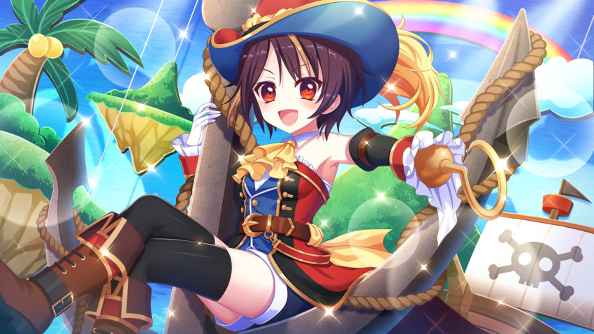 1girl :d anchor ascot bandou_mikuru bare_shoulders belt black_thighhighs blonde_hair blue_hat blue_sky boots breasts brown_belt brown_boots brown_hair captain_hook captain_hook_(cosplay) cardboard_cutout cloud coconut_tree cosplay crossed_legs dot_nose dutch_angle film_grain floating_island game_cg gloves hat hook_hand island izumi_tsubasu jolly_roger looking_at_viewer multicolored_hair non-web_source ocean official_art open_mouth palm_tree peter_pan pirate_costume pirate_ship rainbow re:stage! red_eyes red_hat rope short_hair single_glove sitting sky small_breasts smile solo streaked_hair thighhighs tree two-sided_fabric two-sided_headwear two-tone_hair white_gloves yellow_ascot