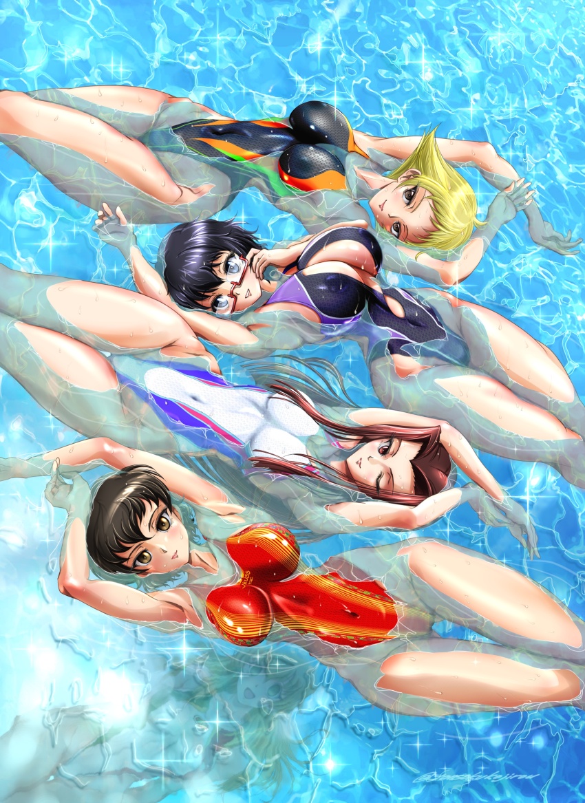 5girls absurdres afloat arm_up arms_up black_eyes black_hair black_one-piece_swimsuit blonde_hair breasts brown_eyes brown_hair caesar_(girls_und_panzer) carpaccio_(girls_und_panzer) cleavage_cutout closed_mouth clothing_cutout commentary_request competition_swimsuit covered_navel erwin_(girls_und_panzer) from_above girls_und_panzer gluteal_fold highleg highleg_one-piece_swimsuit highres large_breasts long_hair looking_at_another looking_at_viewer medium_breasts medium_hair multiple_girls no_headband no_headwear no_scarf one-piece_swimsuit one_eye_closed oryou_(girls_und_panzer) pointy_hair red-framed_eyewear red_one-piece_swimsuit saemonza_(girls_und_panzer) semi-rimless_eyewear short_hair side-by-side smile sparkle swimsuit thigh_gap tomokoji under-rim_eyewear water wet white_one-piece_swimsuit