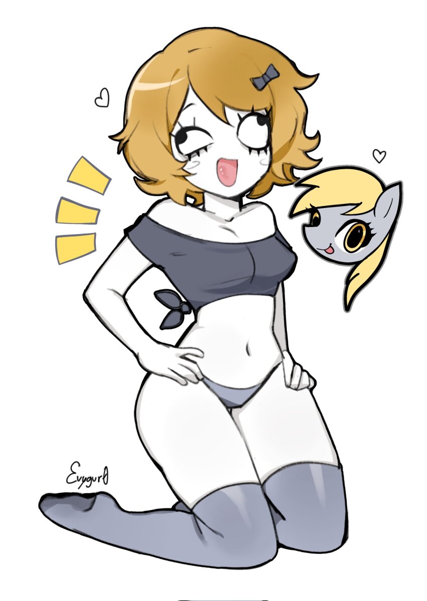 bare_shoulders blonde_hair bow crop_top derpina derpy_hooves evygur0 grey_shirt hair_bow hands_on_own_hips happy heart highres kneehighs kneeling my_little_pony navel panties rage_comic shirt socks tagme underwear