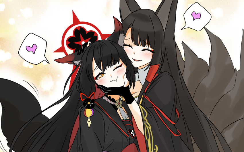 2girls :3 akagi_(azur_lane) animal_ear_fluff animal_ears azur_lane black_gloves black_hair black_kimono black_sailor_collar blue_archive blush breasts cheek_squash cleavage closed_mouth colored_inner_hair commentary_request eyeshadow fox_ears fox_girl fox_tail gloves halo hand_on_another&#039;s_face hand_on_another&#039;s_head heart highres ibuki_(tulta_icon) japanese_clothes kimono kitsune kyuubi long_hair makeup multicolored_hair multiple_girls multiple_tails one_eye_closed open_mouth partially_fingerless_gloves red_hair red_halo sailor_collar sidelocks spoken_heart tail tail_wagging trait_connection two-tone_hair wakamo_(blue_archive) yellow_eyes