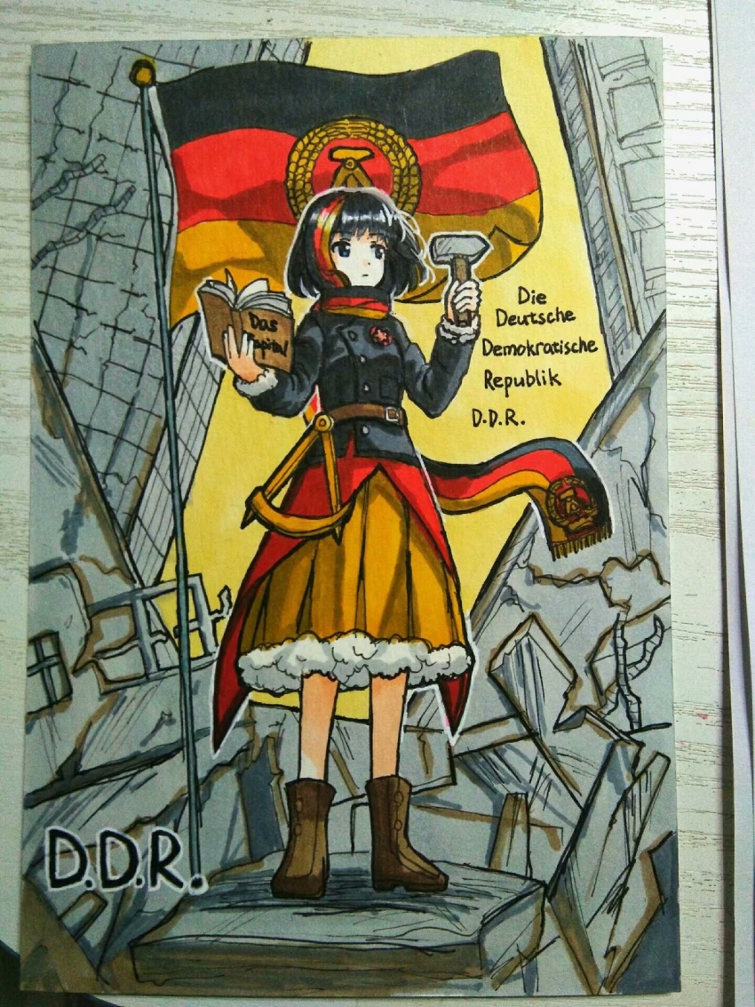 1girl belt black_eyes black_hair black_jacket book boots brown_boots building buttons compass_(instrument) das_kapital east_german_flag east_germany flagpole full_body fur_trim german_text germany hammer highres holding holding_book holding_hammer jacket long_scarf medium_hair original personification phonetik photo_(medium) ruins scarf skirt solo standing traditional_media yellow_skirt