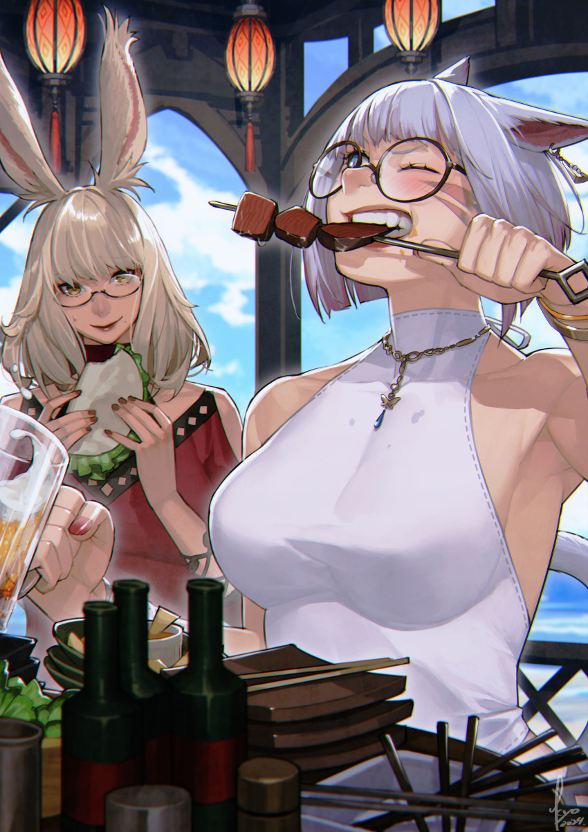 2girls absurdres alcohol animal_ears armpits bare_shoulders biting blonde_hair blue_sky blush bottle bracelet breasts character_request chopsticks cloud commentary_request cup day drinking_glass ear_piercing eating final_fantasy final_fantasy_xiv food grey_hair highres holding holding_cup holding_skewer jewelry kyo_(kuroichigo) lantern large_breasts meat multiple_girls necklace one_eye_closed outdoors piercing red_shirt round_eyewear shirt shish_kebab short_hair skewer sky sleeveless sleeveless_shirt smile sweatdrop teeth white_shirt yellow_eyes