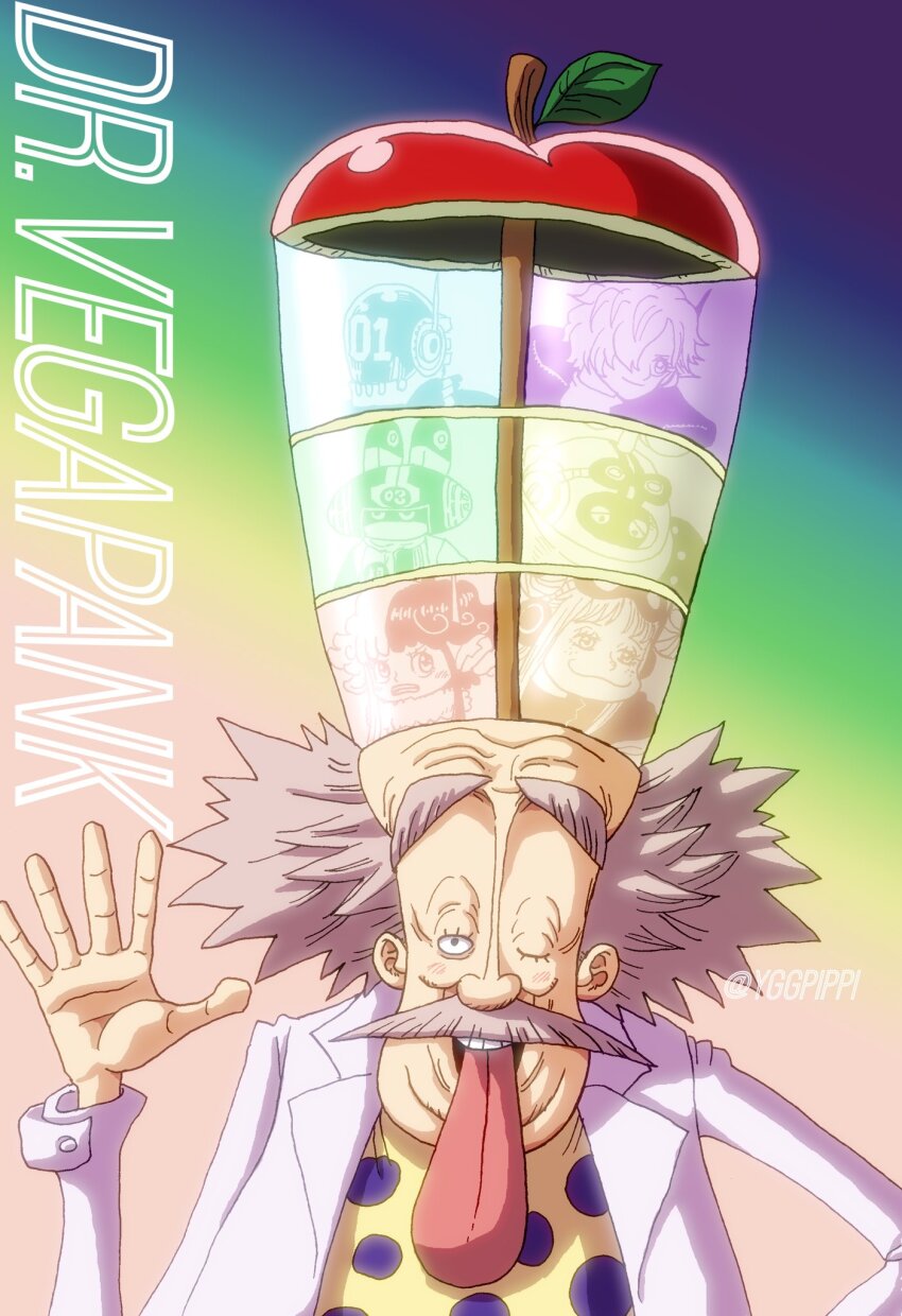 3girls 4boys ;p character_name commentary_request dr._vegapunk eyelashes facial_hair helmet highres lab_coat long_mustache looking_at_viewer multicolored_background multiple_boys multiple_girls mustache one_eye_closed one_piece short_hair spiked_hair tongue tongue_out twitter_username vegapunk_atlas vegapunk_edison vegapunk_lilith vegapunk_pythagoras vegapunk_shaka vegapunk_york waving yggpippi