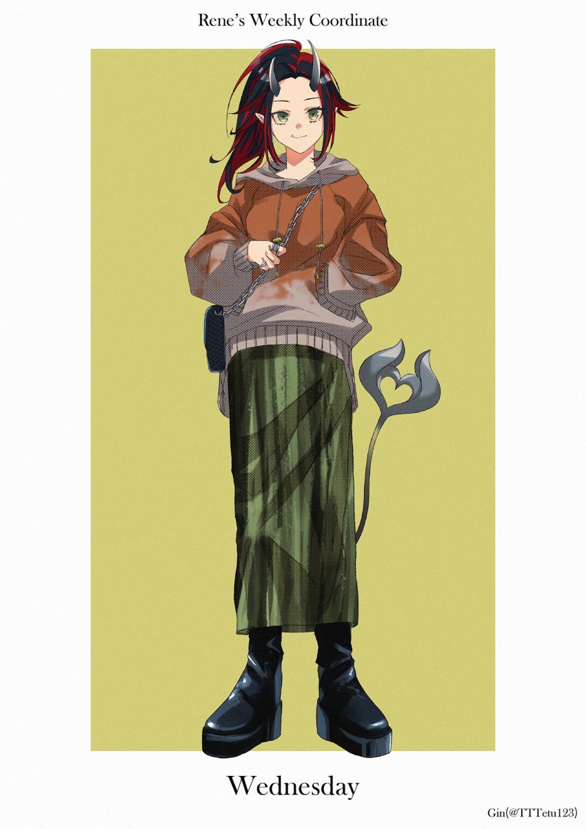 1girl alternate_costume alternate_hairstyle bag black_bag black_boots black_hair boots chain closed_mouth commentary demon_girl demon_horns demon_tail english_text full_body gin_(tttetu123) gradient_clothes green_skirt hand_in_pocket handbag highres hood hoodie horns long_hair looking_at_viewer multicolored_hair nanashi_inc. orange_hoodie platform_boots platform_footwear pointy_ears red_hair ryugasaki_rene simple_background skirt smile solo standing sugar_lyric tail twitter_username two-tone_hair virtual_youtuber white_background yellow_background