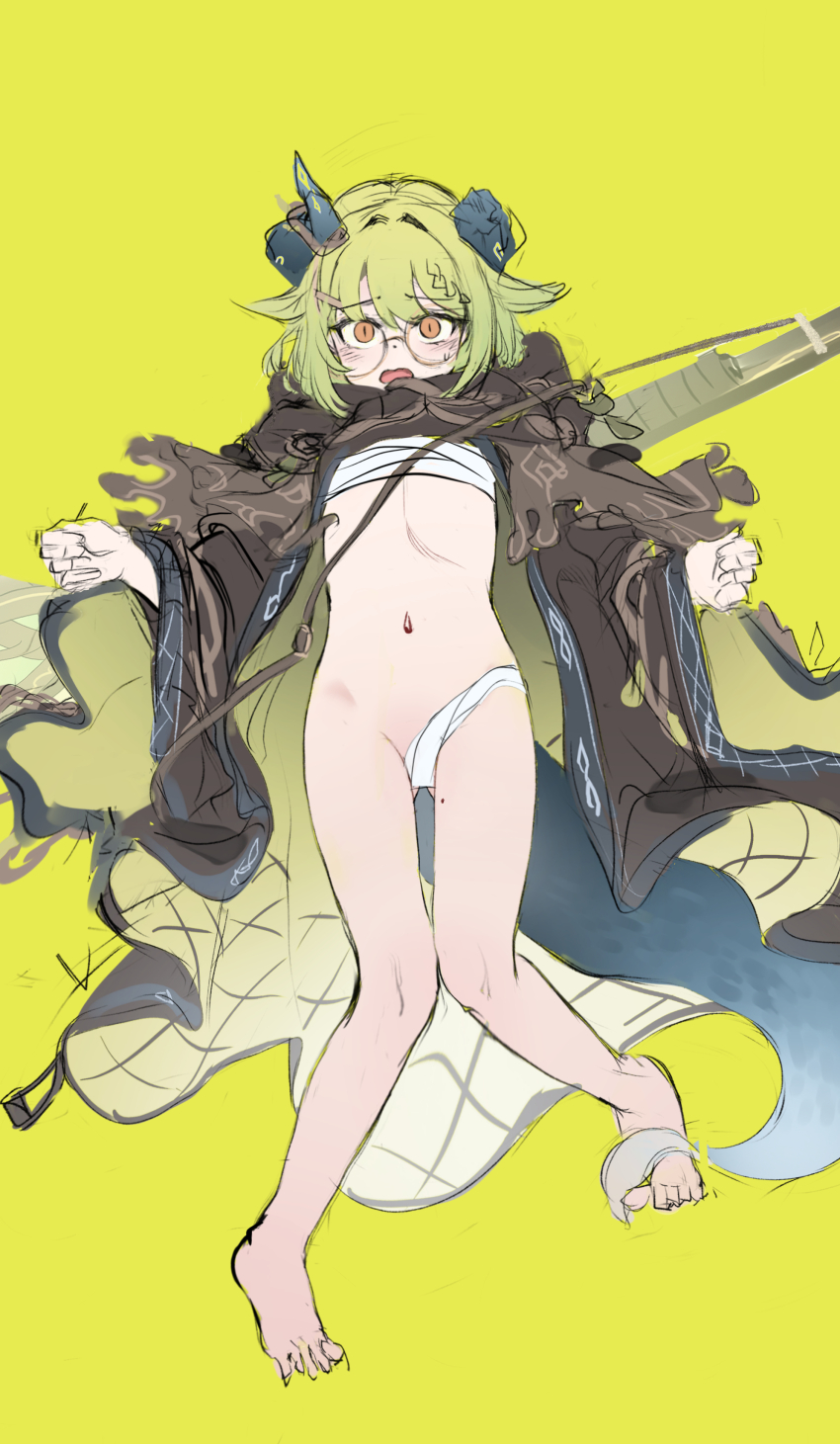 1girl absurdres barefoot blonde_hair cloak di_le_to flat_chest fundoshi groin hair_ornament highres japanese_clothes navel open_mouth original pink_eyes sarashi simple_background solo sweat thighs yellow_background