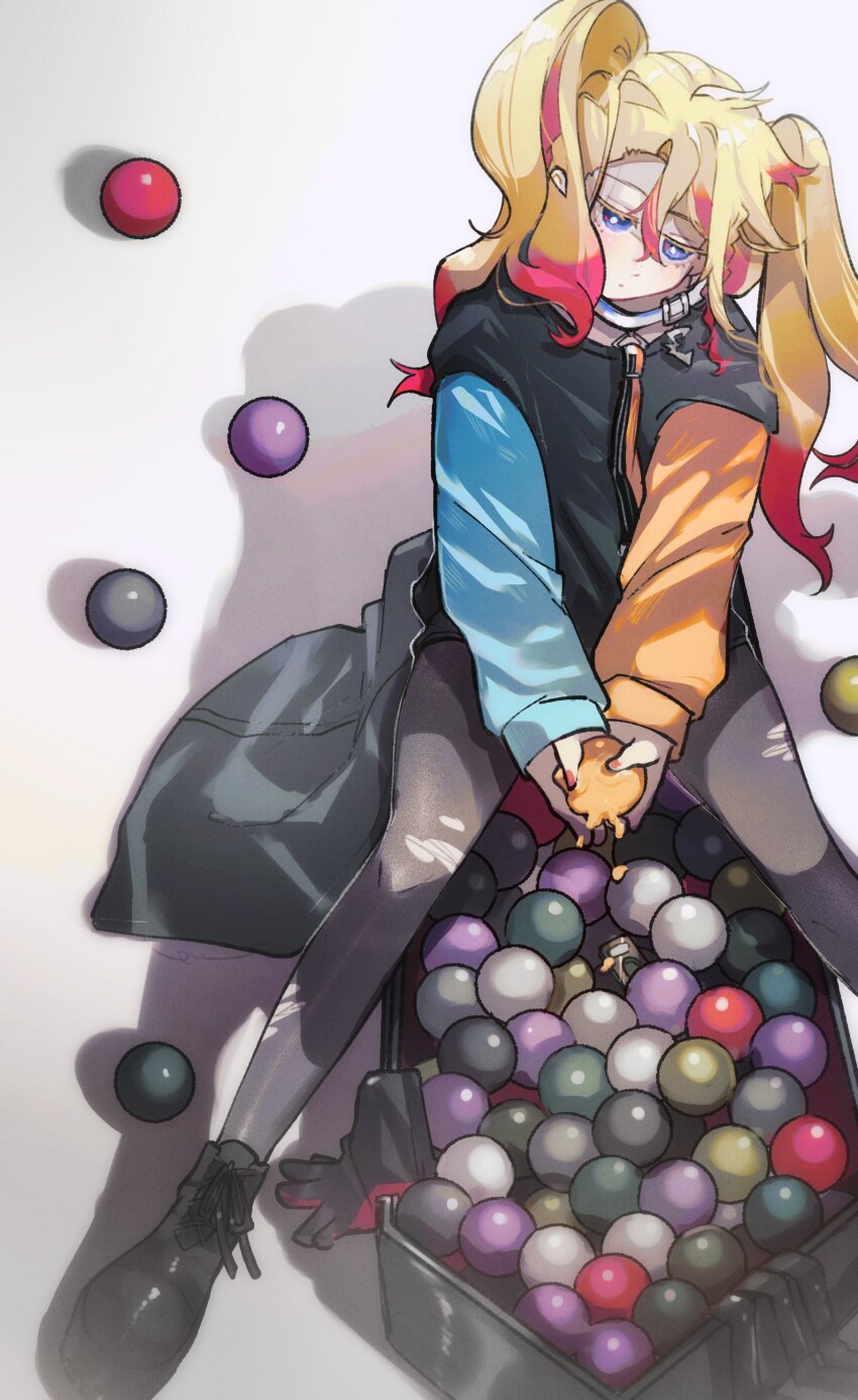 1girl absurdres axel_syrios between_legs black_leggings blonde_hair blue_eyes braid coffin collar colored_eyelashes commentary eyelashes genderswap genderswap_(mtf) grey_background hair_between_eyes hand_between_legs highres holostars holostars_english jacket jitome leash leggings licwiz_1103 long_hair long_sleeves multicolored_hair red_hair shadow side_braid sitting solo streaked_hair symbol-only_commentary torn_clothes torn_leggings twintails two-tone_hair virtual_youtuber