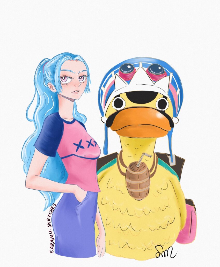 1girl animal artist_name bird blue_hair cropped_legs drinking_straw duck goggles goggles_on_headwear hand_in_pocket hashtag-only_commentary hat highres karoo_(one_piece) light_blue_hair looking_at_viewer nefertari_vivi one_piece ponytail saramusketches shirt sidelocks simple_background t-shirt white_background