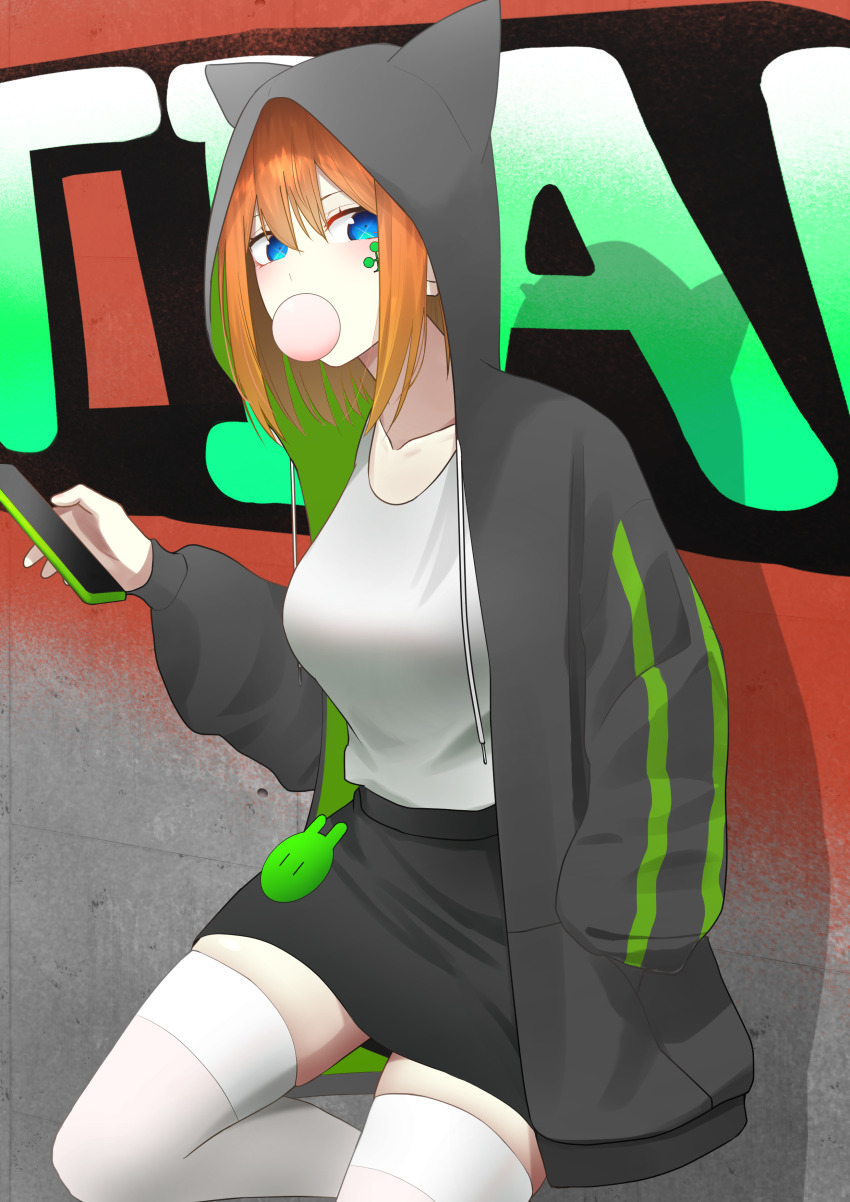 1girl absurdres against_wall alternate_costume animal_ear_hood black_hoodie black_skirt blowing_bubbles blue_eyes cellphone chewing_gum facepaint fake_animal_ears go-toubun_no_hanayome graffiti highres holding holding_phone hood hoodie jisuta long_sleeves looking_at_viewer miniskirt nakano_yotsuba orange_hair pencil_skirt phone shirt short_hair skirt smartphone solo thighhighs white_shirt white_thighhighs zettai_ryouiki