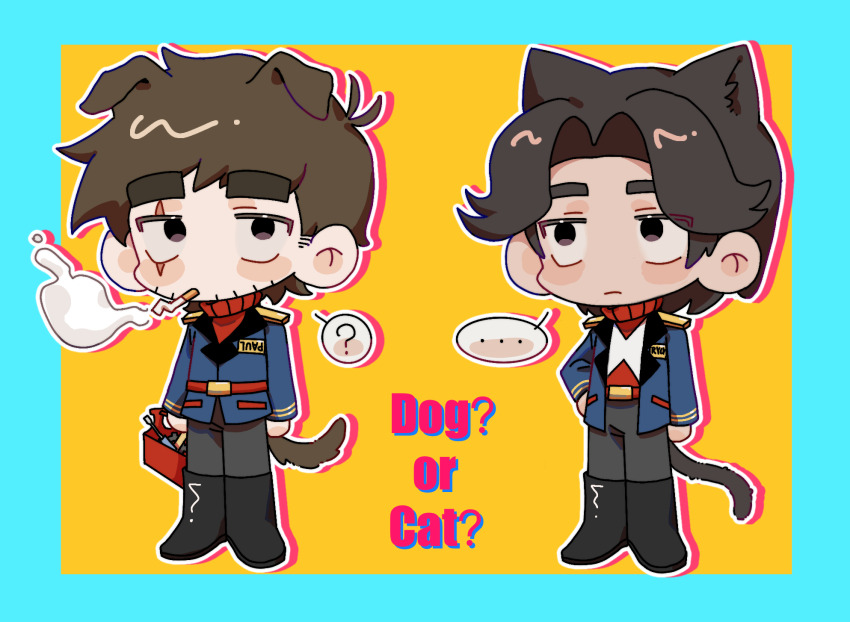 ... 2boys ? animal_ears antenna_hair arm_at_side arms_at_sides belt black_boots black_eyes blue_border blue_jacket boots border brown_hair brown_tail cat_boy cat_ears cat_tail chibi chibi_only chinese_commentary cigarette closed_mouth commentary_request curtained_hair dog_boy dog_ears dog_tail double_horizontal_stripe eddsworld expressionless facial_hair frown full_body grey_pants hair_behind_ear hand_on_own_hip highres holding jacket kafei146 kemonomimi_mode knee_boots looking_at_viewer looking_to_the_side male_focus mouth_hold multiple_boys no_pupils open_clothes open_jacket orange_background outline outside_border pants patryck_(eddsworld) paul_(eddsworld) red_belt red_sweater scar scar_across_eye scar_on_face screwdriver short_hair simple_background smoke spoken_ellipsis spoken_question_mark standing sweater tail thick_eyebrows toolbox turtleneck turtleneck_sweater upturned_eyes white_outline