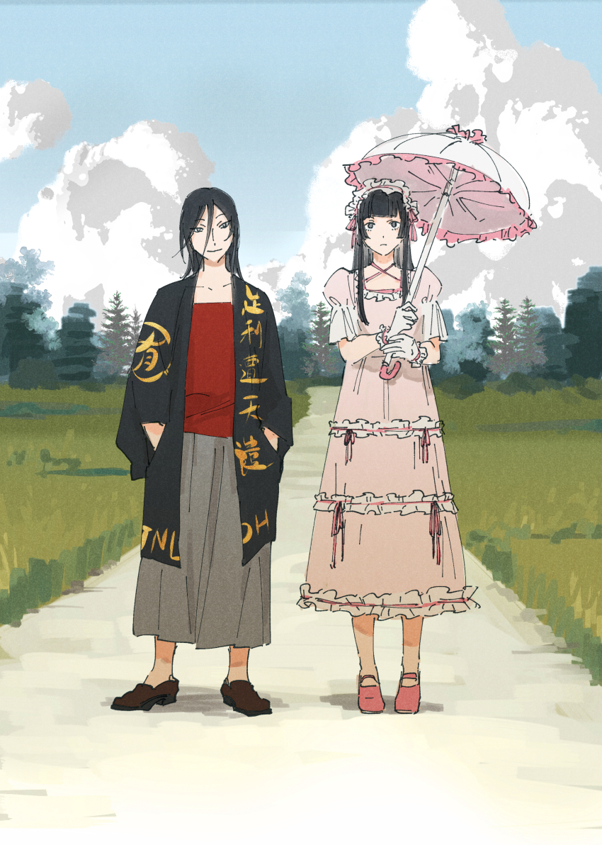 2boys absurdres androgynous black_hair black_jacket black_shoes blue_sky blunt_bangs closed_mouth cloud cloudy_sky commentary_request cosplay crossdressing cumulonimbus_cloud dress expressionless field full_body gloves grass grey_eyes grey_skirt hair_between_eyes hands_in_pockets highres hime_cut holding holding_umbrella inu-oh inu-oh_(inu-oh) jacket lolita_fashion long_hair long_skirt long_sleeves looking_at_viewer male_focus mary_janes multiple_boys nature outdoors parasol path pink_dress pink_shoes puffy_short_sleeves puffy_sleeves red_shirt road shimotsuma_monogatari shirt shoes short_sleeves side-by-side skirt sky smile spoilers standing tomona_(inu-oh) tree umbrella umbrella_over_shoulder white_gloves zeloco