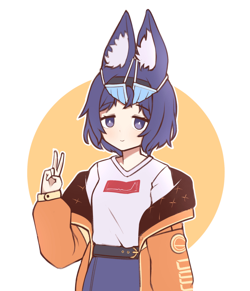 1girl animal_ear_fluff animal_ears belt blue_hair blue_skirt closed_mouth fox_ears hairband hand_up highres jacket jacy long_sleeves looking_at_viewer mask mask_on_head mouth_mask off_shoulder orange_jacket original shirt shirt_tucked_in short_hair skirt smile solo souko_chie surgical_mask upper_body v v-neck white_shirt