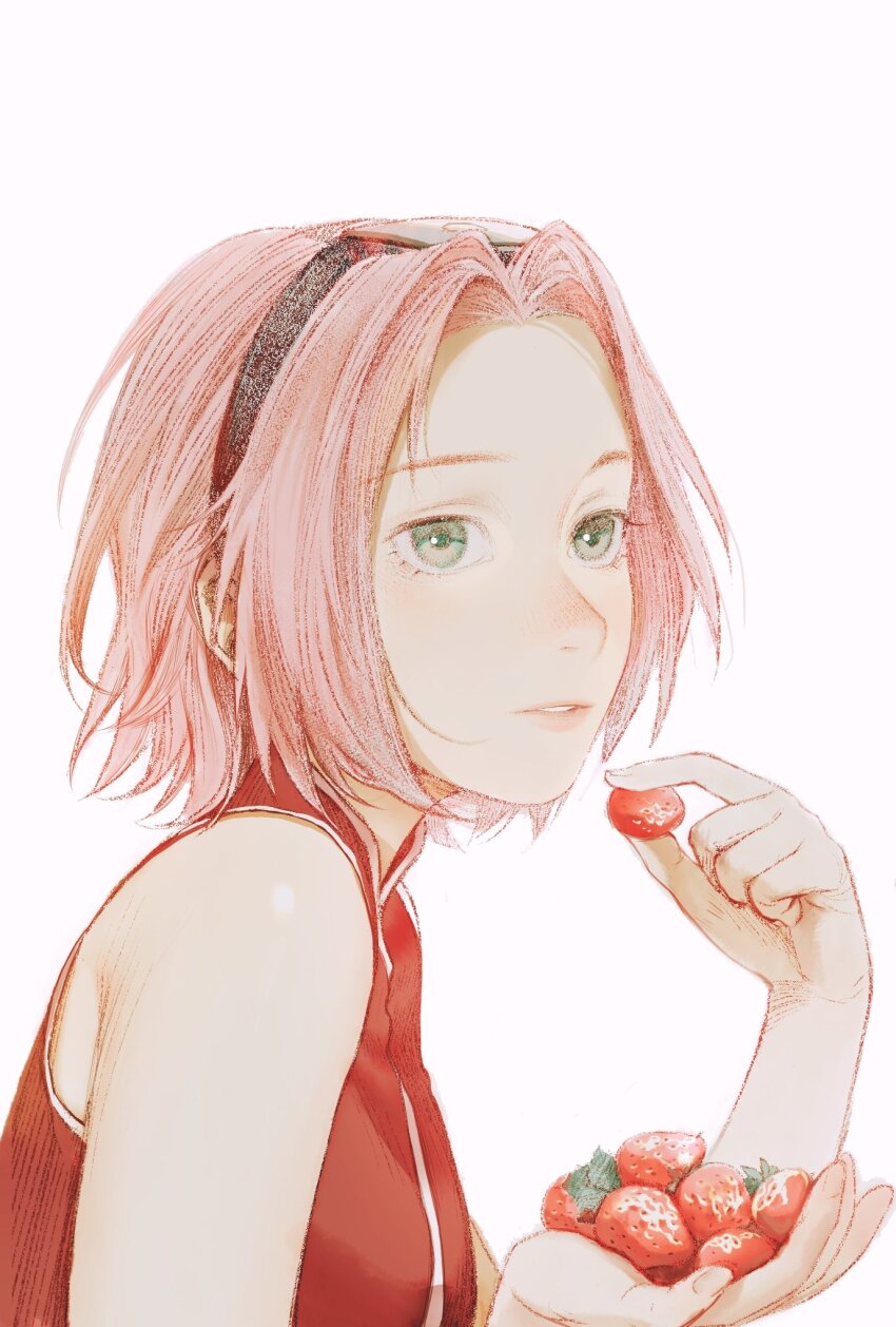 1girl bare_shoulders black_hairband dress fingernails food fruit green_eyes hairband hands_up haruno_sakura highres holding holding_food holding_fruit lips long_fingernails looking_to_the_side mandarin_collar naruto_(classic) naruto_(series) pink_hair red_dress short_hair simple_background sleeveless sleeveless_dress solo strawberry teeth tobu_(bilibil) white_background