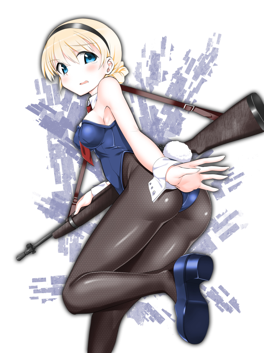 1girl a9b_(louis814) absurdres ass bare_shoulders between_breasts black_pantyhose blonde_hair blue_eyes blush braid breasts detached_collar embarrassed female_focus fishnet_pantyhose fishnets gun gun_sling hairband highres leotard looking_at_viewer necktie necktie_between_breasts noble_witches open_mouth pantyhose playboy_bunny rabbit_girl rabbit_tail red_necktie rosalie_de_hemricourt_de_grunne short_necktie sideboob solo strike_witches tail tears weapon weapon_request world_witches_series wrist_cuffs