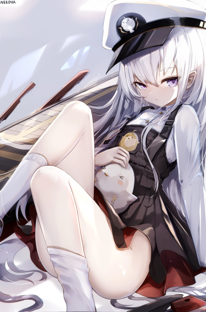 &gt;_&lt; 1girl animal animal_on_lap arm_support artist_name azur_lane bird bird_on_lap character_print chick collared_shirt commentary_request dress_shirt feet_out_of_frame hair_between_eyes hat highres little_enterprise_(azur_lane) long_hair long_sleeves looking_at_viewer manjuu_(azur_lane) nekoya_(liu) no_panties on_lap overall_skirt parted_lips peaked_cap petting purple_eyes shirt sitting socks solo very_long_hair white_hair white_hat white_shirt white_socks