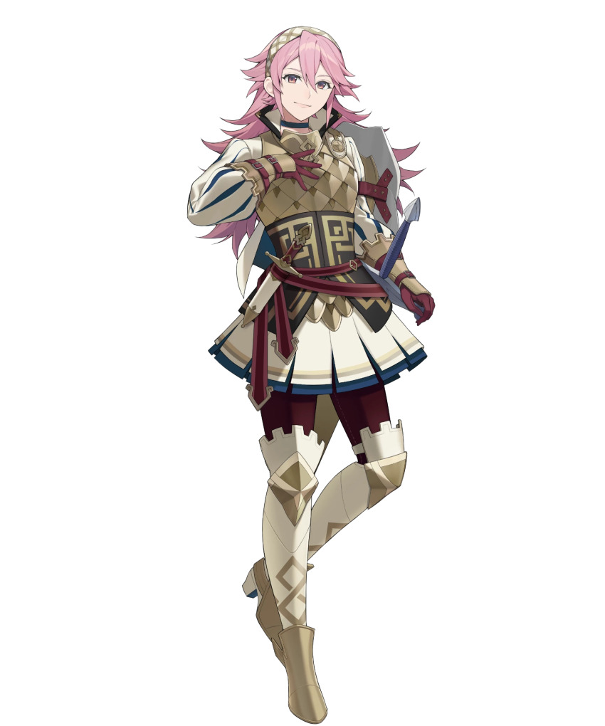 1girl arm_shield brown_gloves fire_emblem fire_emblem_fates fire_emblem_heroes gloves hand_on_own_chest headband highres leggings looking_at_viewer nintendo non-web_source official_alternate_costume official_art pink_eyes pink_hair puffy_sleeves skirt smile soleil_(fire_emblem) soleil_(resplendent)_(fire_emblem) solo spiked_hair sword tachi-e vambraces weapon