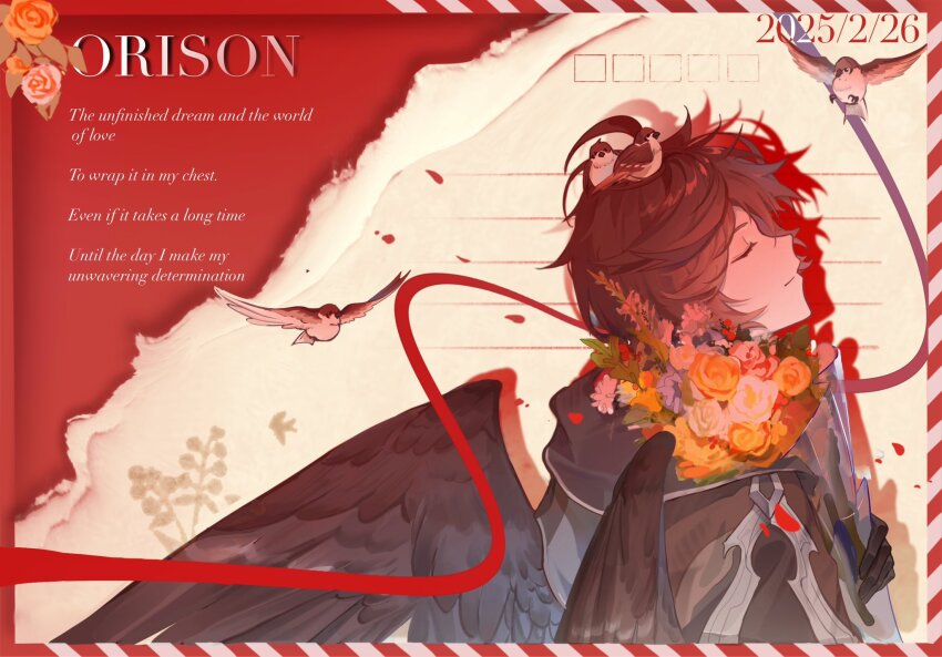 1boy 2025 ahoge animal animal_on_head bird bird_on_head black_gloves bouquet brown_hair brown_wings chinese_commentary commentary_request dated english_text flower gloves granblue_fantasy hair_between_eyes highres holding holding_bouquet letter light_smile male_focus messy_hair on_head orange_flower orange_rose profile red_ribbon ribbon rose sandalphon_(granblue_fantasy) sandalphon_(valentine)_(granblue_fantasy) short_hair solo solo_focus sparrow valentine wfxinsh7220 white_flower white_rose wings