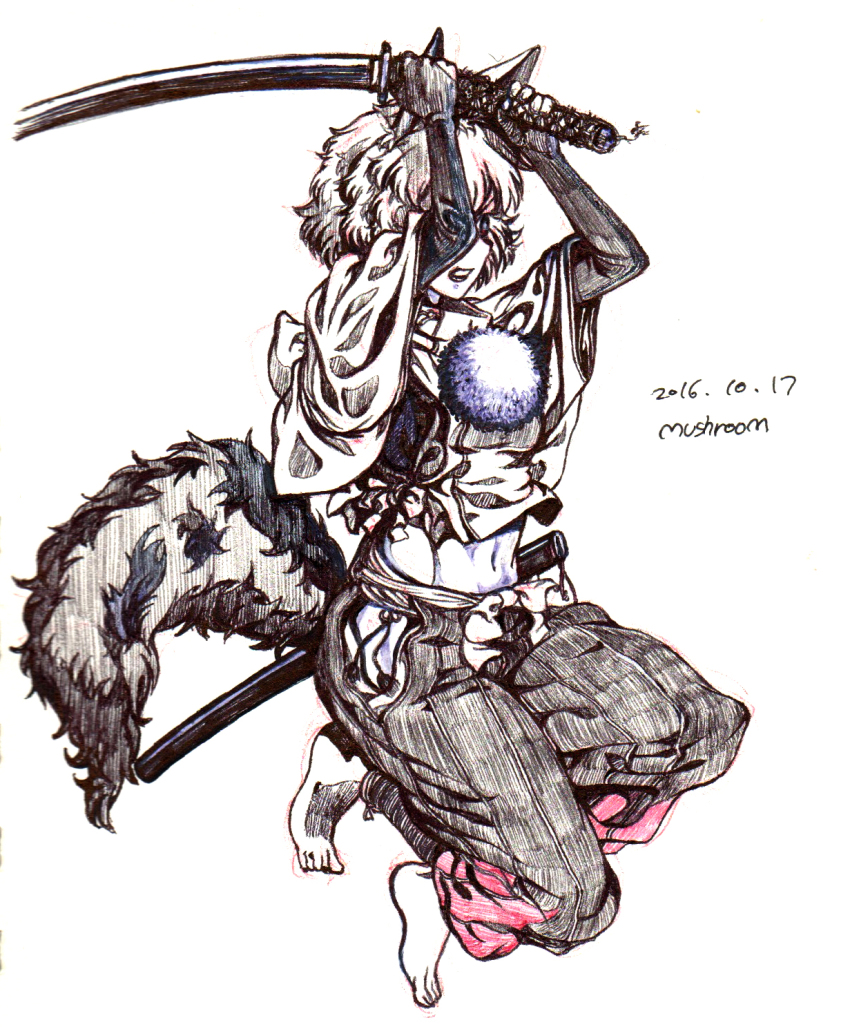 1girl 2016 animal_ears artist_name black_gloves black_pants dated fingerless_gloves full_body gloves highres holding holding_sword holding_weapon inubashiri_momiji jacket katana mushroom_(osh320) pants red_eyes sarashi shirt short_hair solo standing sword tail toes touhou traditional_media weapon white_hair white_shirt white_sleeves wolf_ears wolf_girl wolf_tail