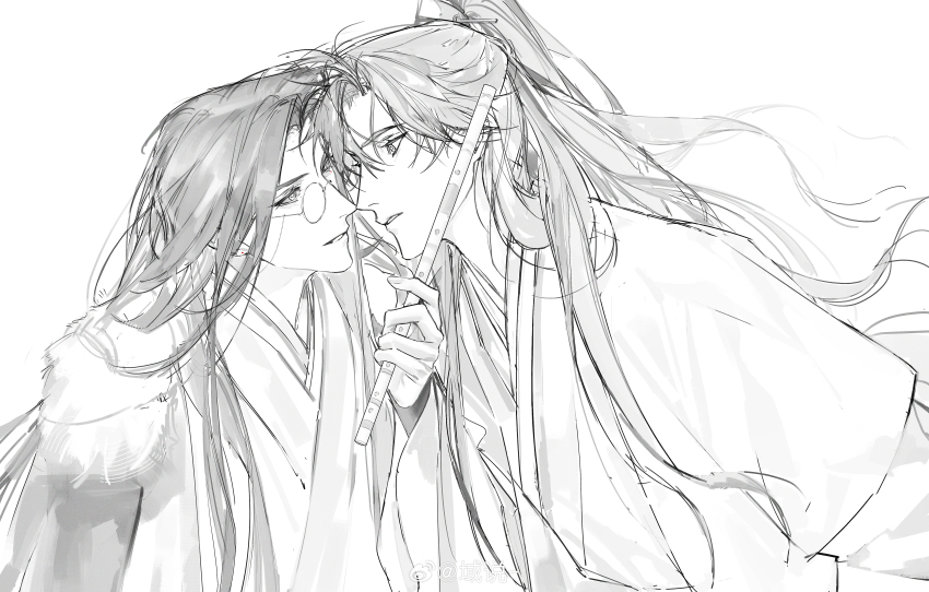 2boys absurdres chang_geng chinese_clothes chinese_commentary cloak eye_contact flute fur-trimmed_cloak fur_trim greyscale gu_yun half_updo hanfu high_ponytail highres holding holding_flute holding_instrument instrument long_hair long_sleeves looking_at_another male_focus monochrome monocle multiple_boys parted_lips ponytail round_eyewear sha_po_lang simple_background smile transverse_flute upper_body watermark weibo_watermark wide_sleeves xiao_guan_(headdress) yaoi yu_shuo_de_nian_ji_zhu