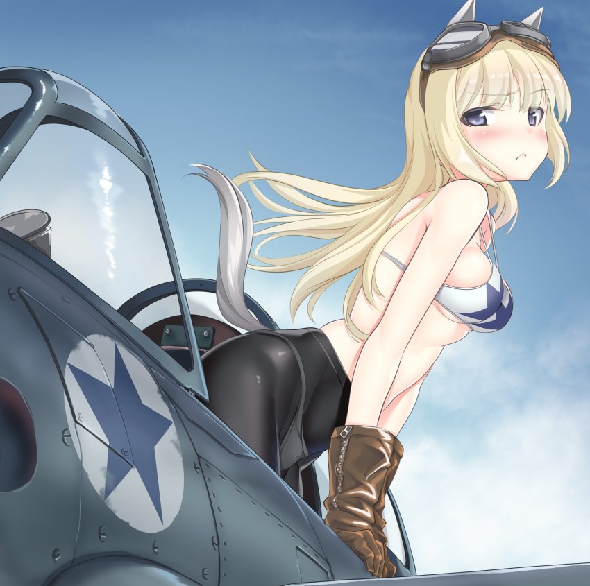 1girl :&lt; a9b_(louis814) absurdres aircraft airplane animal_ears bare_shoulders bikini bikini_top_only black_pantyhose blonde_hair blue_eyes blue_sky blush bra breasts brown_gloves closed_mouth cloud cockpit day female_focus gloves goggles goggles_on_head highres horse_girl leather leather_gloves long_hair looking_at_viewer looking_to_the_side marian_e._carl medium_breasts noble_witches pale_skin panties panties_under_pantyhose pantyhose print_bikini shiny_clothes sky solo star_(symbol) star_print swimsuit tail underboob underwear white_panties wind world_witches_series zipper zipper_pull_tab
