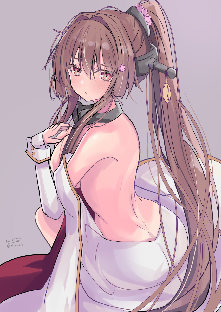 1girl absurdres breasts brown_eyes brown_hair cherry_blossoms coat collar commentary_request covering_breasts covering_privates flower grey_background hair_between_eyes hair_flower hair_intakes hair_ornament headgear highres hizaka kantai_collection large_breasts long_coat long_hair looking_at_viewer metal_collar ponytail sakuramon sidelocks simple_background sleeveless sleeveless_coat solo topless_female very_long_hair white_coat yamato_(kancolle) yamato_kai_ni_(kancolle)