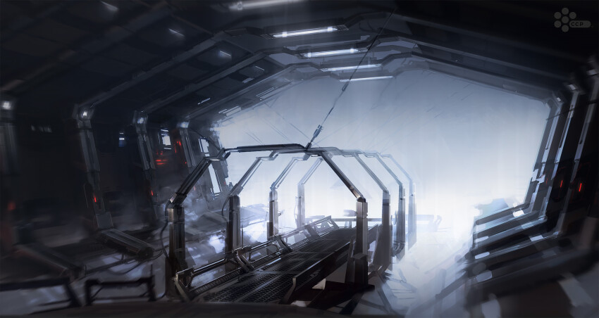 catwalk_(walkway) commentary company_logo company_name concept_art eve_online fog glowing grey_theme highres indoors interior logo no_humans official_art photoshop_(medium) railing ramonster42 scenery science_fiction
