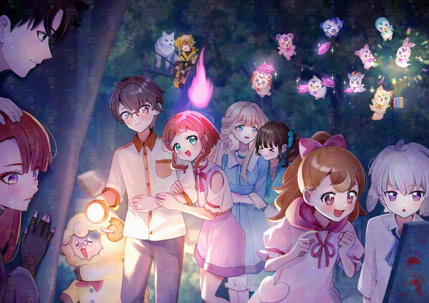 4boys 5girls absurdres ahoge animal_ears bare_arms bare_legs bare_shoulders black_gloves black_hair blonde_hair blunt_bangs blush brown_hair curly_hair daifuku_(precure) denim dress excited fairy gaogaohn ghost glasses gloves grabbing_another&#039;s_arm grey_hair hair_ornament hair_ribbon hair_tie hairpin hand_on_another&#039;s_arm hand_on_another&#039;s_head headpat heart_pin heart_pockets hiding highres hitodama holding holding_stick holding_torch hood hoodie inukai_iroha inukai_komugi jeans jewelry kimodameshi kotochi_re long_skirt long_sleeves mature_female mature_male medium_hair mehmeh_(wonderful_precure!) multiple_boys multiple_girls necklace necktie nekoyashiki_mayu nekoyashiki_yuki nervous nervous_sweating night orange_hair pants parted_bangs peeking ponytail precure rabbit_ears red_hair ribbon scared short_dress short_hair short_sleeves side_ponytail sideways_face sitting_on_branch skirt stick stuffed_animal stuffed_toy suspenders sweat torame_(precure) torch toyama_satoru tree very_short_hair watermark wonderful_precure! zakuro_(precure)