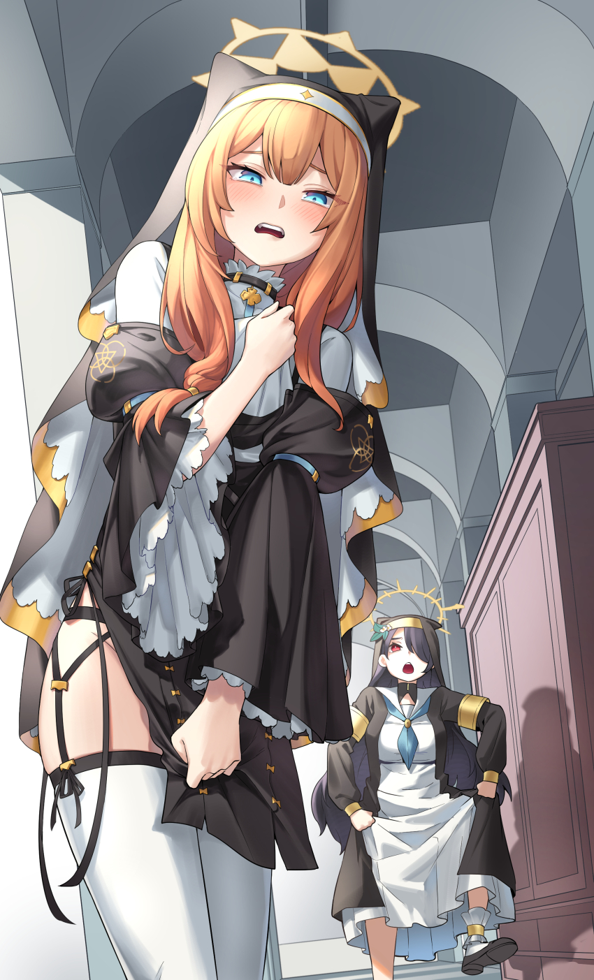 2girls absurdres animal_ear_headwear armband black_dress black_footwear black_hair blue_archive blue_eyes choker cosplay costume_switch detached_sleeves dress embarrassed fake_animal_ears frilled_sleeves frills garter_straps gold_trim habit hair_over_one_eye hallway halo hand_up highres hinata_(blue_archive) indoors looking_at_viewer mari_(blue_archive) multiple_girls necktie nun open_mouth orange_hair police_riot_(artist) red_eyes shadow shelf skirt skirt_hold skirt_tug socks tearing_up teeth thighhighs upper_teeth_only white_dress white_socks white_thighhighs wide_sleeves