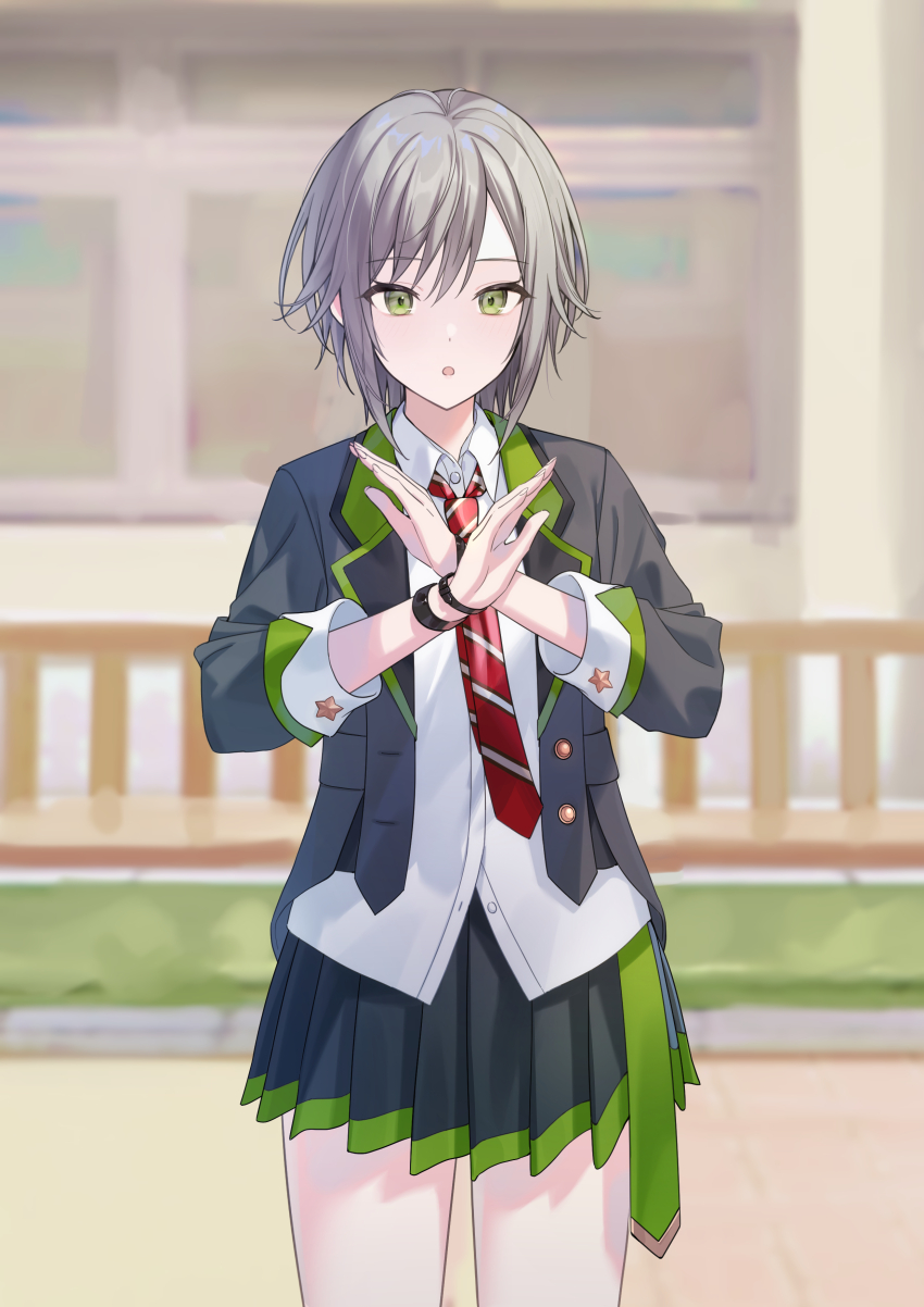 1girl :o absurdres black_skirt collared_shirt cowboy_shot crossed_hands green_eyes grey_hair grey_jacket highres hinomori_shiho jacket long_sleeves looking_at_viewer miniskirt necktie open_clothes open_jacket open_mouth pleated_skirt project_sekai school_uniform shirt short_hair skirt solo timmoo white_shirt wristband