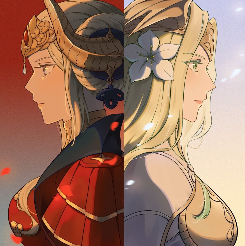 2girls armor back-to-back breasts closed_mouth commentary edelgard_von_hresvelg edelgard_von_hresvelg_(timeskip) english_commentary eyelashes fake_horns fire_emblem fire_emblem:_three_houses flower green_eyes green_hair hair_flower hair_ornament highres horns irithyll8157351 looking_ahead multiple_girls nintendo purple_eyes seiros_(fire_emblem) white_hair winged_hair_ornament