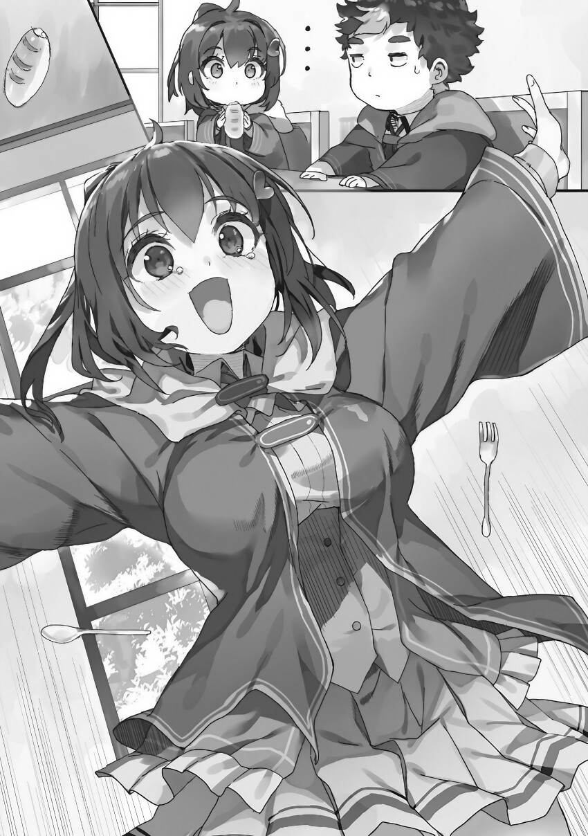 absurdres ahoge black_hair bouncing bouncing_breasts breasts buta_koushaku cardigan happy highres large_breasts long_sleeves monochrome nauribon non-web_source open_mouth ponytail robe school_uniform short_hair short_ponytail skirt tearing_up tina(buta_koushaku)