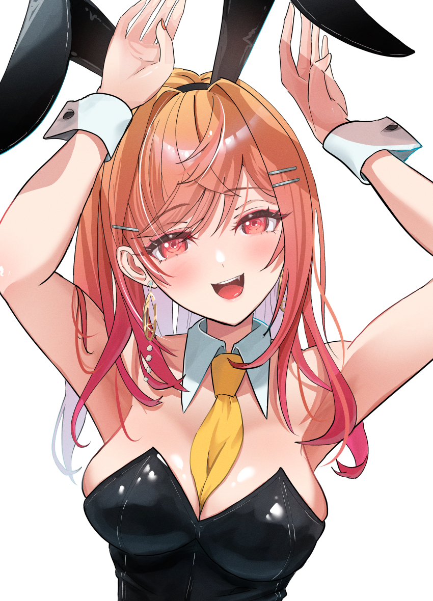 1girl absurdres alternate_costume animal_ears armpits arms_up between_breasts black_leotard blush breasts detached_collar earrings fake_animal_ears gold_earrings gradient_hair hair_ornament hairpin highres hololive hololive_dev_is ichijou_ririka jewelry large_breasts leotard long_hair looking_at_viewer multicolored_hair necktie necktie_between_breasts open_mouth orange_eyes orange_hair playboy_bunny rabbit_ears rabbit_pose shiny_leotard shiny_skin simple_background smile vermin. virtual_youtuber white_background wrist_cuffs yellow_necktie