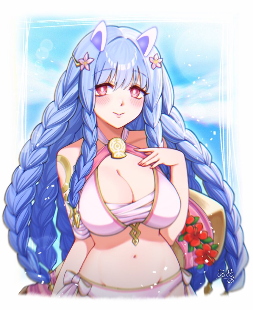 1girl bare_shoulders bikini blue_hair blush body_markings braid breasts cleavage closed_mouth cornucopia fire_emblem fire_emblem_heroes flower hair_flower hair_ornament heidrun_(fire_emblem) heidrun_(summer)_(fire_emblem) highres large_breasts long_hair looking_at_viewer navel nintendo official_alternate_costume queenofdelight red_eyes smile solo stomach swimsuit very_long_hair white_bikini